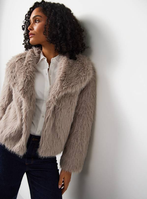 Grey Relaxed Collared Faux Fur Jacket XL